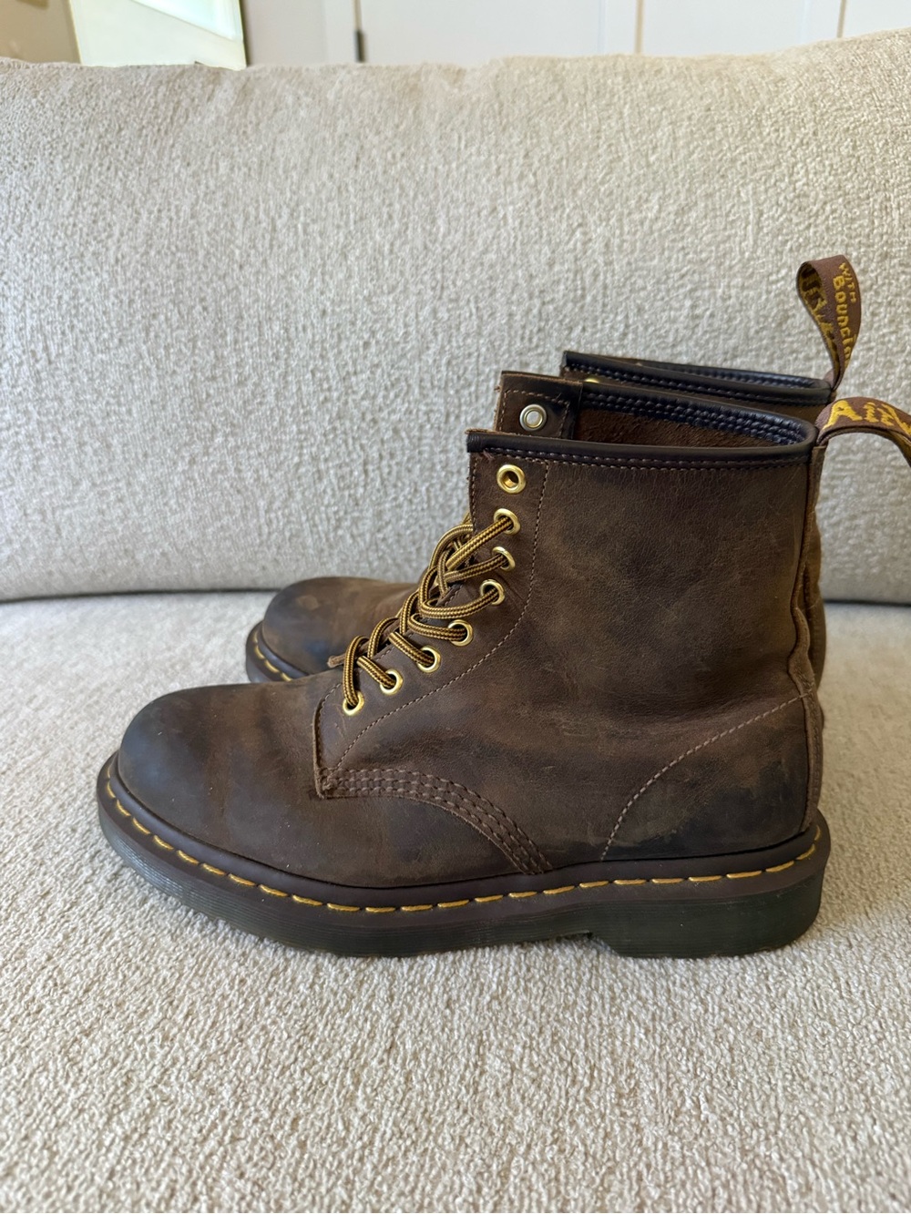 Dr. Martens Brown Leather 8-Eye Lace-Up Boots with Yellow Stitching